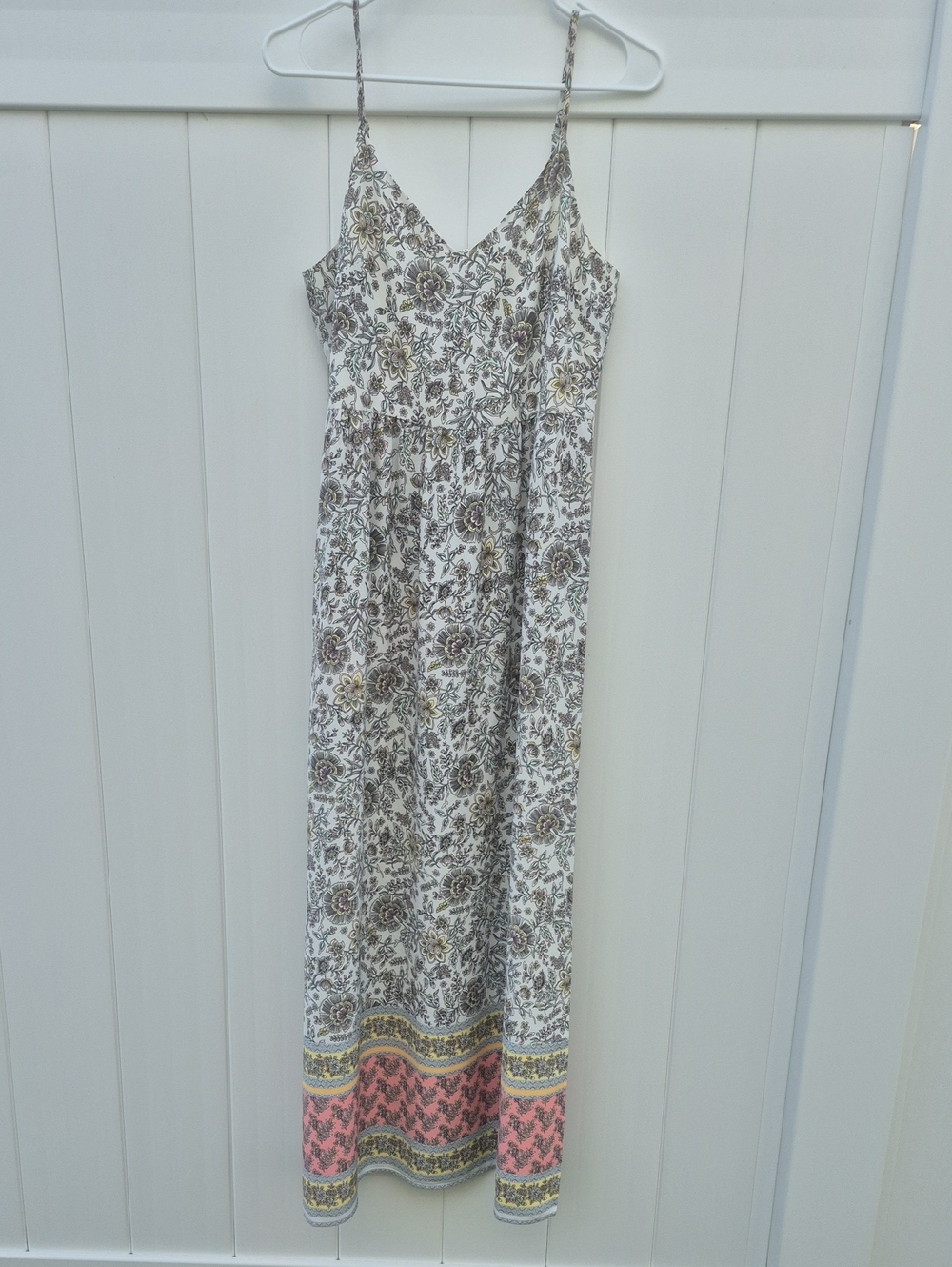 LOFT Floral Maxi Dress in White, Gray and Pink Border